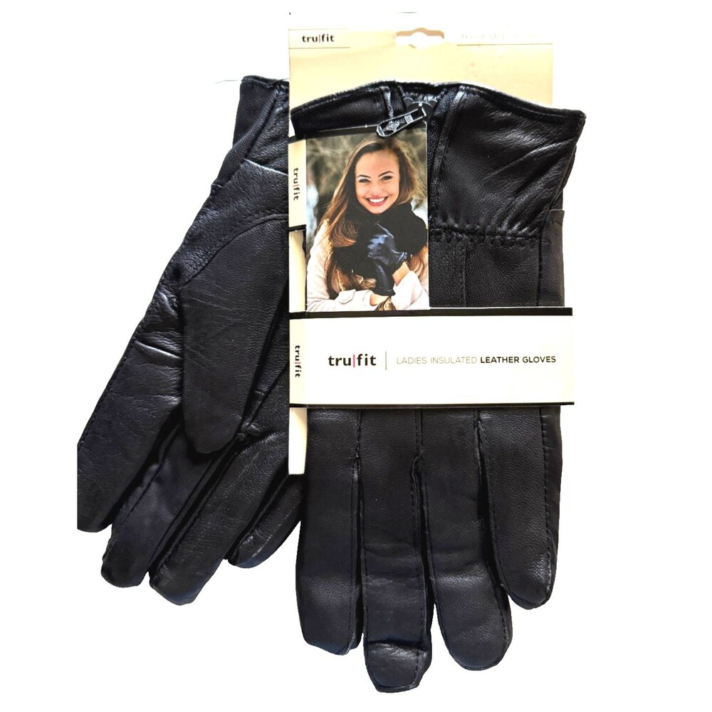 Trufit Ladies Gloves Size OS Genuine Black Leather Fleece Lined Zip Front